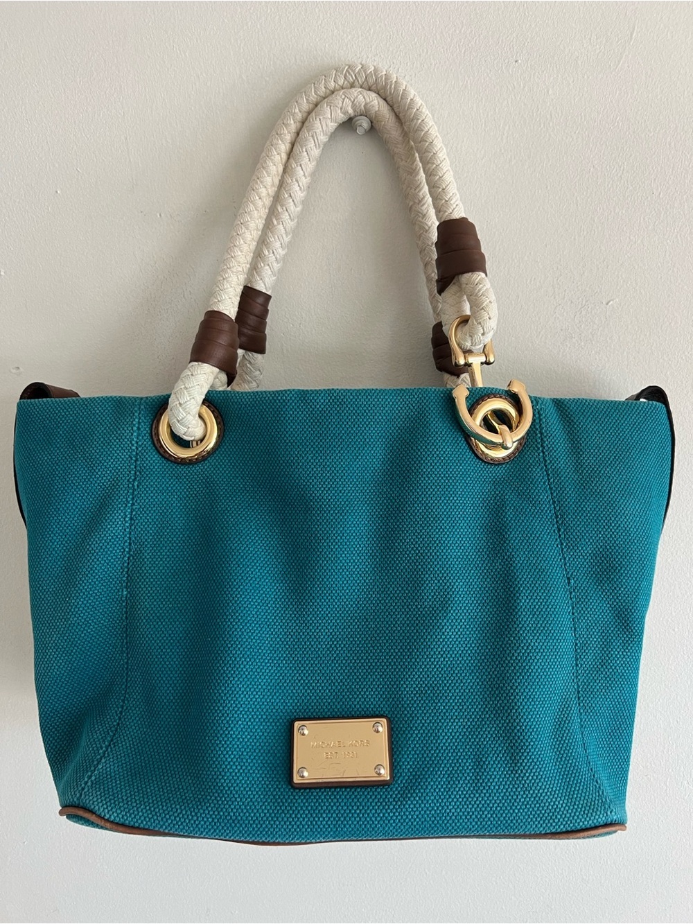 Michael Kors Teal Canvas Tote with Cream Rope Handles